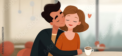 Couple enjoying coffee together in a cozy cafe, sharing affection and warmth in a romantic setting