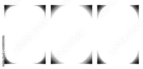 Halftone corner frames feature dotted pattern designs. Subtle gradient borders with circle fade effects perfect for comic backgrounds, posters, and creative graphic templates with vintage charm.