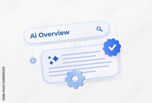AI Overview search results with generated answers and verified content summary. Analyze AI search visibility, monitor sge generative search presence and optimize discoverability vector illustration.