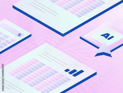 AI reporting with automated business reports, data analysis and performance tracking. Business intelligence, reporting automation and analytics dashboard vector illustration.