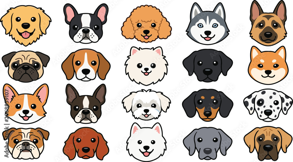 Obraz premium Cute Dog Breed Faces Collection with Popular Puppy Characters for Pet Care, Veterinary Clinics, Animal Education, and Grooming Vector Designs