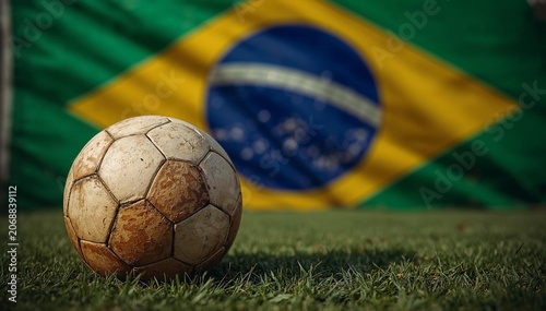 Soccer ball on ground with Brazilian flag background