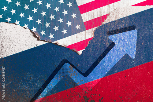 American and Russian flags ripped and overlapping with an upward arrow chart, representing global economic indicators, financial market trends, and a growing tension in international relations