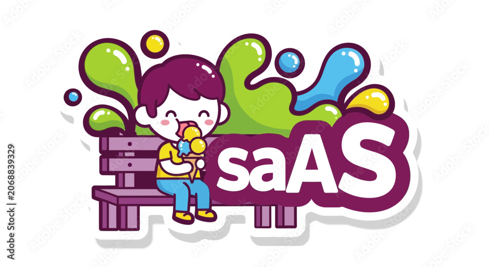 Fototapeta premium Cartoon Boy Eating Ice Cream on a Bench with SaaS Typography