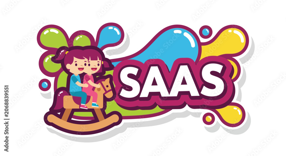 Fototapeta premium Children on a rocking horse with SAAS text and colorful splashes
