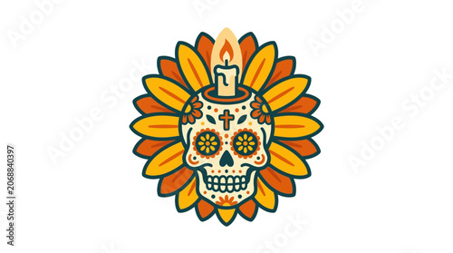 Minimalist flat design Day of the Dead ceremonial candle icon celebrating Mexican cultural heritage in white
