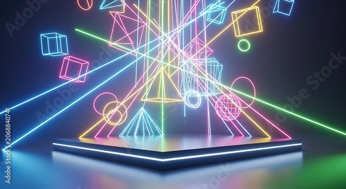 Abstract geometric shapes neon light displayed on stage