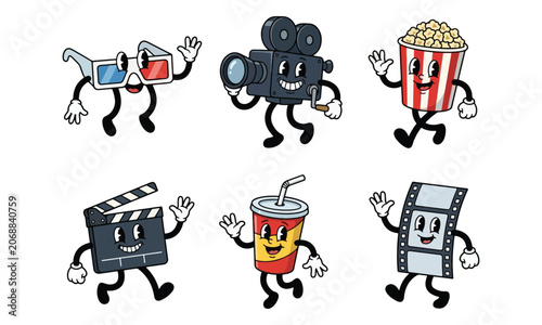 Retro Cinema Cartoon Characters Set on White Background