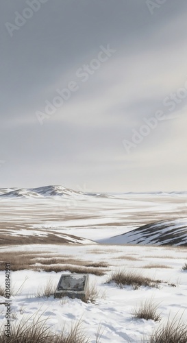 Winter landscape with snow and hills under cloudy sky.