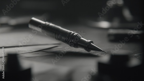 Close up of a mechanical pencil on a table black and white focus