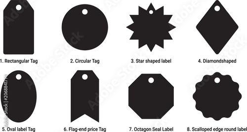 Photos Black hanging tag templates with identifying text labels for commercial pricing and product identification