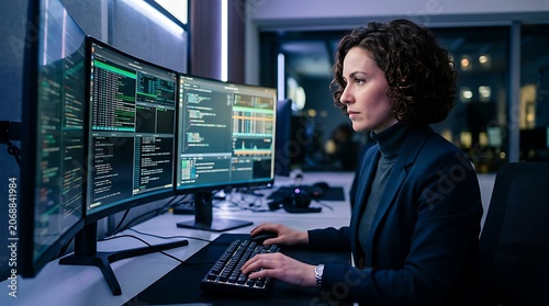 Business professional analyzing financial data on computer.