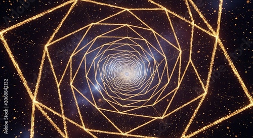 Abstract golden geometric tunnel portal with starry sparkle effect