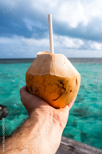 Schilderij op canvas A hand holds a freshly cut young coconut with straw by a Maldivian lagoon, vivid aqua water and patchy clouds present, sunlight warms the shell, shallow depth of field focuses it