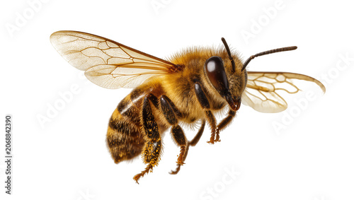 Quadro su tela Detailed macro view of a fuzzy honey bee with pollen on legs, isolated on transp