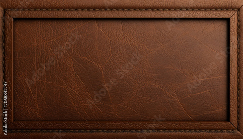 Leather frame with intricate stitching serves as a rustic border surrounding a textured brown surface designed for professional signage or high-end product presentation labels and menus.