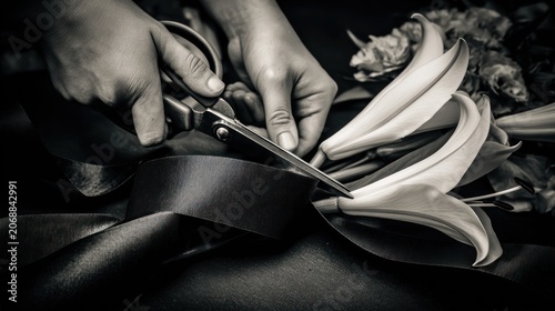 Hands cutting ribbon next to flowers creating a classic elegant composition
