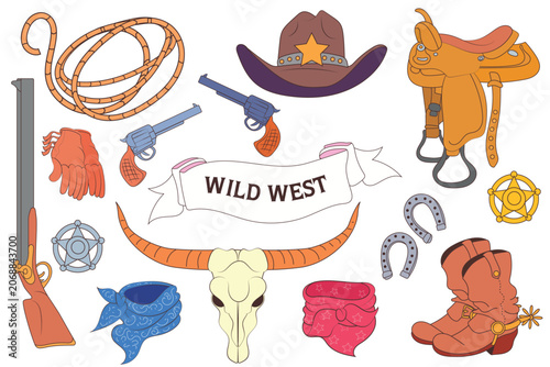 Wild West cowboy vector element collection in flat comic style with hat, longhorn skull, saddle, and sheriff star badge for American frontier ranch concept isolated on white.