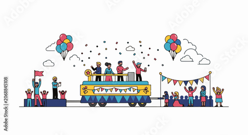 Colorful illustration of people celebrating on a decorated truck with balloons