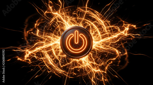Glowing Orange Power Button with Electric Sparks and Lightning