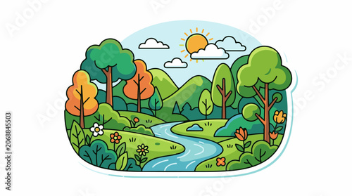 A serene landscape featuring a winding river, trees, flowers, and hills under a sunny sky