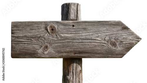 Fotografie Weathered wooden directional signpost with arrow shape, isolated on transparent