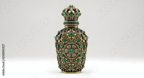 Luxury vintage perfume bottle with emerald gemstones isolated