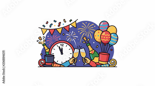 Colorful illustration of New Year's Eve celebration with clock striking midnight, people toasting with champagne