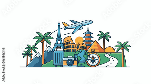 Colorful travel illustration with landmarks, palm trees, and travel items