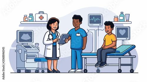 Medical professionals discussing patient care with a patient on an examination table