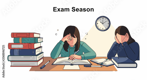 Two students studying at a desk with a clock in the background