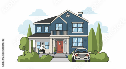 Two-story blue house with a person sitting on the porch