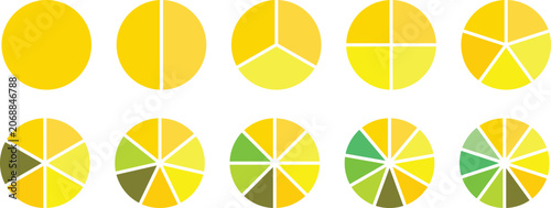 Pie chart set, Circle icons for infographic. Colorful diagram collection with 1,2,3,4,5,6,7,8,9,10 sections and steps. Circle pie chart diagram. Set of colorful pie charts with varying segments.