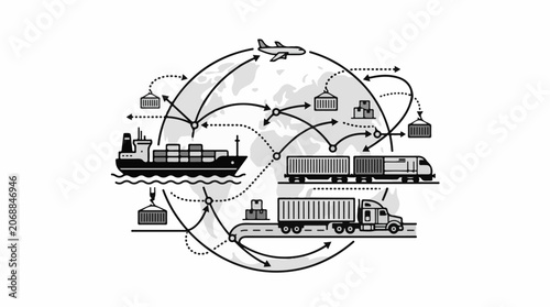 A black and white illustration of global shipping and logistics