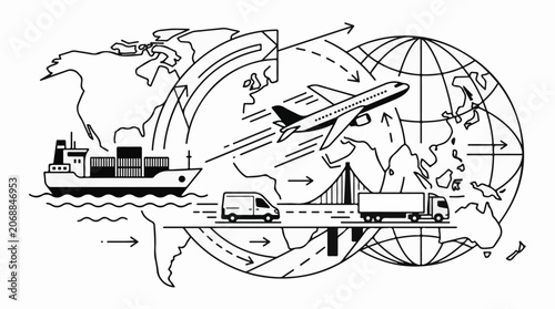 A black line drawing of transportation modes and maps