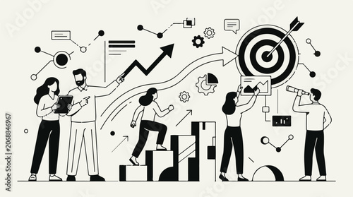 A black and white illustration of six people working together to reach a target