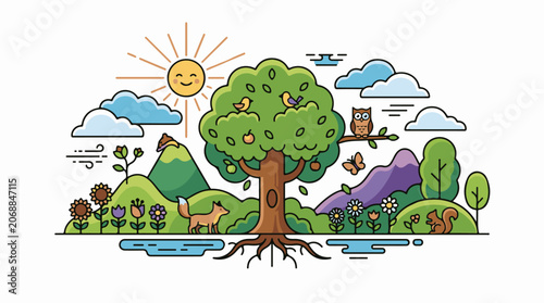 A cartoon landscape with a tree, animals, flowers, mountains, and a sun