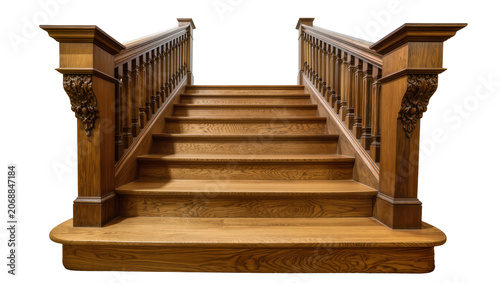 Ornate wooden staircase with carved newel posts, isolated on transparent background