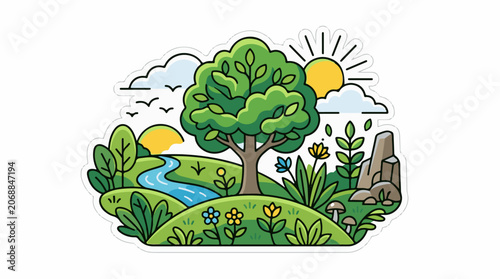 A cartoon landscape with a tree, stream, and sunny sky