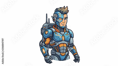 A cartoon man with a futuristic robotic suit