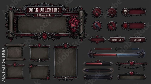 Dark valentine game ui elements with gothic and fantasy design for rpg interfaces