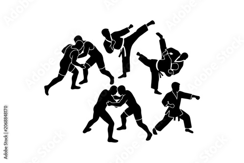 Foto Martial arts silhouette set with wrestlers and karate fighters