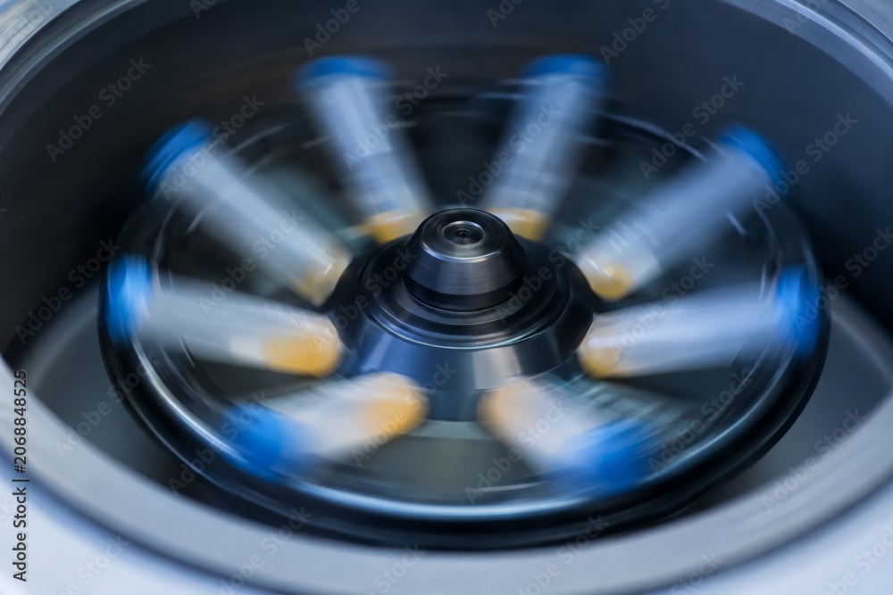 Fototapeta premium Laboratory centrifuge spinning test tubes with wine samples. Analysis of grape juice and must for quality control in winery. Industrial winemaking process, chemical research and testing.