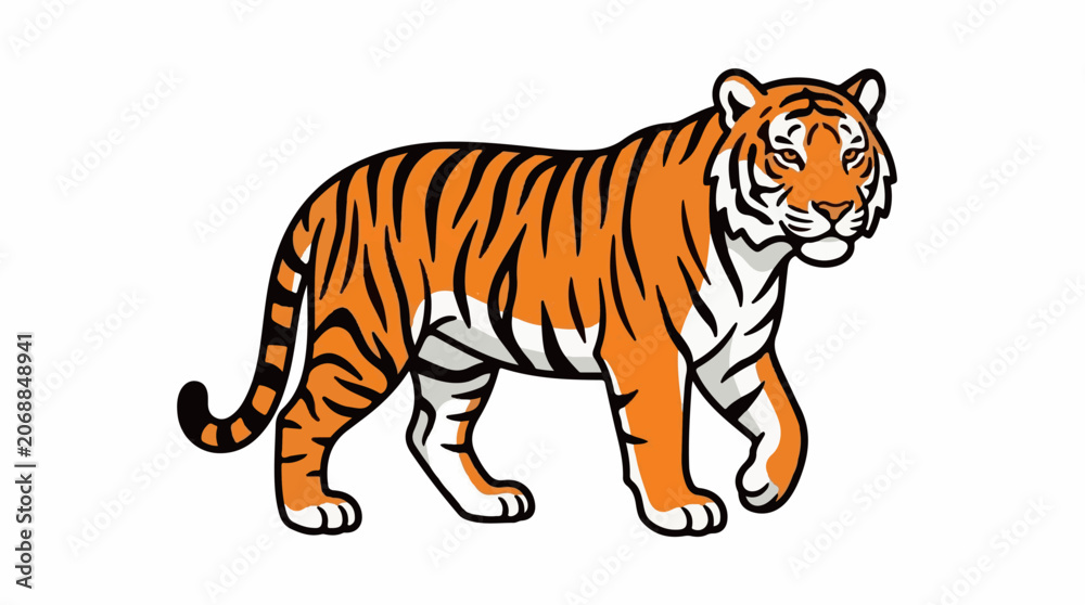 Obraz premium A cartoon tiger with orange and black stripes walks to the right