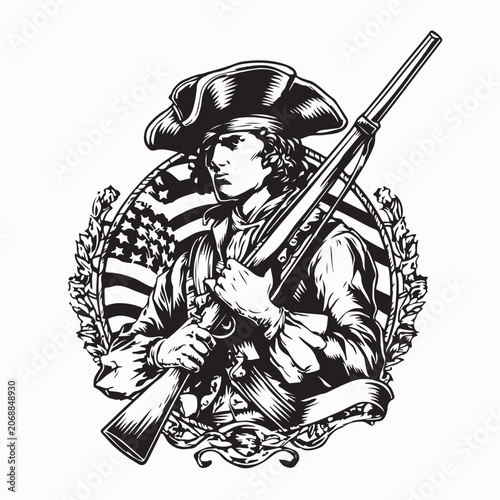 American Colonial Patriot Retro Soldier Vector Illustration On White Background