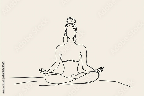 Minimalist line art of woman meditating in lotus pose on light background