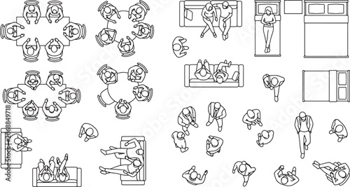 Top view people silhouettes for architectural floor plans furniture layout and interior design vector illustration set