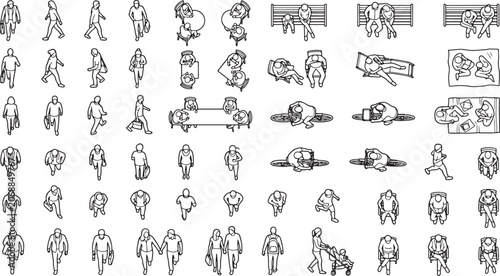 Top view people silhouettes set for architectural site plans and urban design projects in vector line art