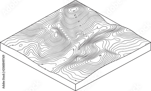 Topographic map contour lines representing terrain elevation on a square isometric block in a clean vector illustration