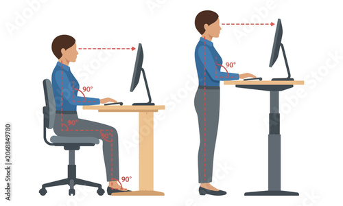 Fotografie Ergonomic office posture guide for sitting and standing desks